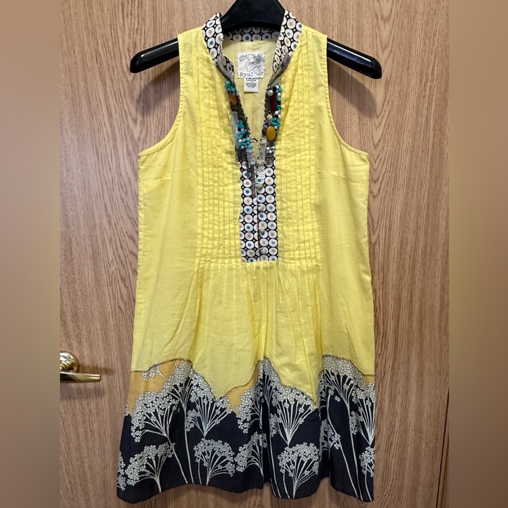 New Ryu Yellow Black Floral Beaded 100% Cotton Lightweight Midi Dress Women’s M